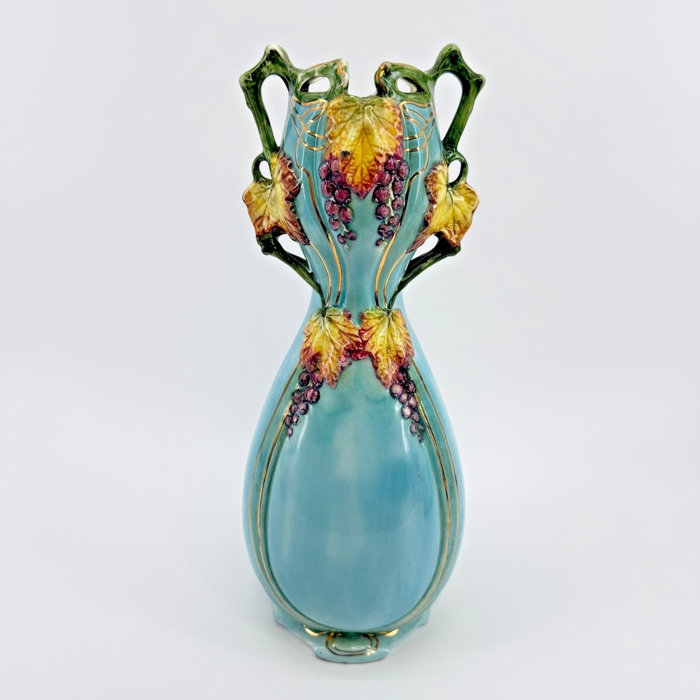 Antique Art Nouveau Jugendstil Ceramic Vase Blue Grapevine Relief Pottery 8126